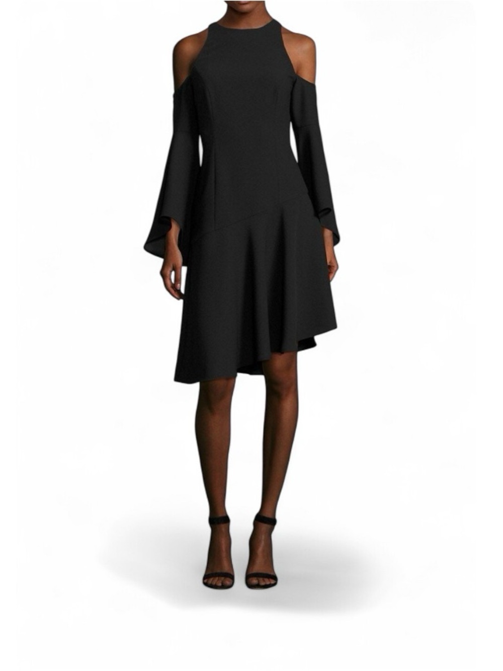Scripted Cold-Shoulder Bell-Sleeve Dress M